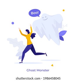 Running frightened woman chased by flying spook or phantom. Concept of scary ghost monster, creepy paranormal creature, mysterious poltergeist. Modern flat colorful vector illustration for banner.