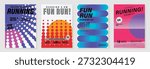 Running fun run poster vector set with bold typography, polka dots, circles and stripes on colorful backgrounds. Modern event design for charity races, marathons, banners and flyers.