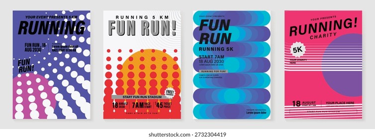 Running fun run poster vector set with bold typography, polka dots, circles and stripes on colorful backgrounds. Modern event design for charity races, marathons, banners and flyers.