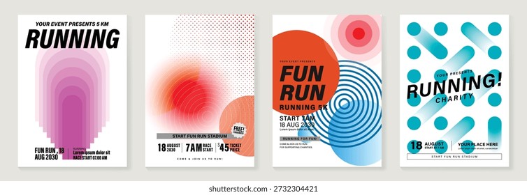 Running fun run poster vector set with bold typography, polka dots, circles and stripes on colorful backgrounds. Modern event design for charity races, marathons, banners and flyers.