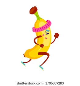 Running funny banana character design. Cute cartoon yellow summer fruit run vector illustration. Excited man jogging fitness poster.