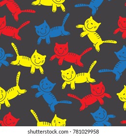 Running Funny cat hand drawing seamless pattern