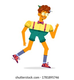 Running funny guy on a white background, vector. Inattentive boy with untied shoelaces