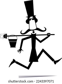 Running funny long mustache painter illustration. 
Cartoon long mustache painter in the top hat holds a brush and a bucket of paint. Black on white background
