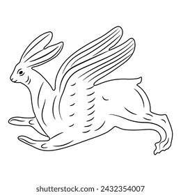 Running funny winged hare or rabbit. Antique ethnic animal design. Ancient Greek or Roman vase painting style. Black and white linear silhouette.