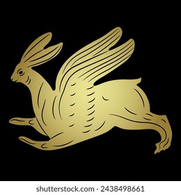 Corriendo divertida liebre alada o conejo. Diseño de Pascua. Antiguo diseño étnico animal. Estilo de pintura de jarrón griego o romano antiguo. Silueta brillante dorada sobre fondo negro.