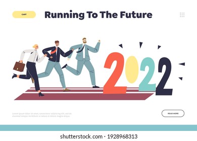 Running to future concept of landing page with group of businesspeople hurry to 2022 with successful opportunities for future business development. Cartoon flat vector illustration