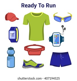 Running Gear For Man. Running Accessories for Male. Fitness Set. Sport Shoes, Fitness Drink, Tee Shirt, Gps Watch, Belt Bag, Sport Glasses, Baseball Cap.