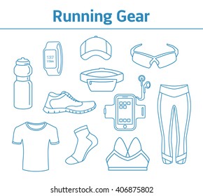 Running Gear For Men And Women. Linear Style Running Accessories. Sport Clothes, Gps Watch, Sport Water Bottle, Armband, Fitness Shoes, Cap, Belt Bag, Sport Socks and Glasses.