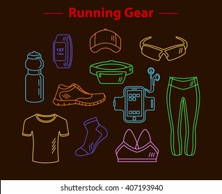 Running Gear For Men And Women. Linear Style Running Accessories. Sport Clothes, Gps Watch, Sport Water Bottle, Armband, Fitness Shoes, Cap, Belt Bag, Sport Socks and Glasses.