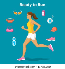  Running Gear for Women. Running accessories and Gadgets For Outdoor Cardio Work Out. Belt bag, sport glasses, sport clothes, fitness bottle, armband, cap, fitness shoes, GPS watch. Running Woman