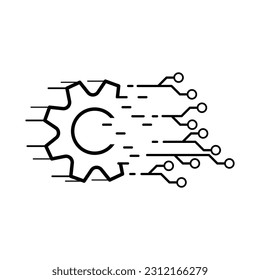 Running gearwheel transform into high-speed digital circuit. Industrial transition concept. Vector illustration outline flat design style.