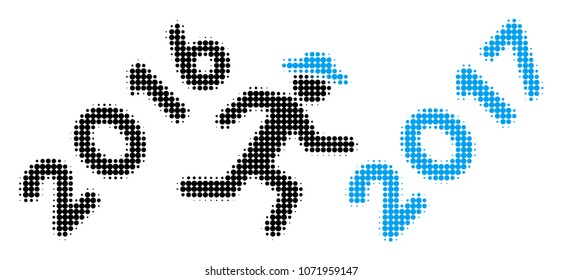 Running Gentleman To 2017 Year halftone vector icon. Illustration style is dotted iconic Running Gentleman To 2017 Year icon symbol on a white background. Halftone matrix is round blots.