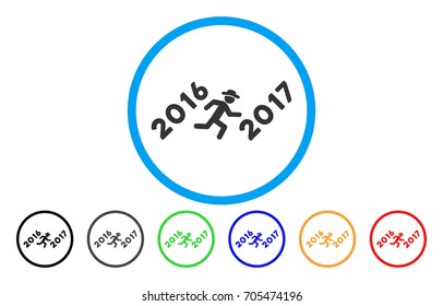 Running Gentleman To 2017 Year vector rounded icon. Image style is a flat gray icon symbol inside a blue circle. Bonus color variants are gray, black, blue, green, red, orange.