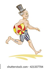 running gentleman with beach ball, color vector illustration