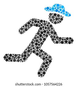 Running Gentleman collage of filled circles in different sizes and color hues. Round dots are grouped into running gentleman vector illustration. Vector design concept.