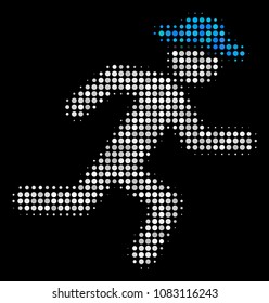 Running gentleman halftone vector icon. Illustration style is dotted iconic running gentleman symbol on a black background. Halftone structure is made of spheric dots.