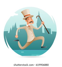 Running Gentleman Happy Victorian Hurry Wealthy Man Character Icon Retro Cartoon Vector Design Illustration