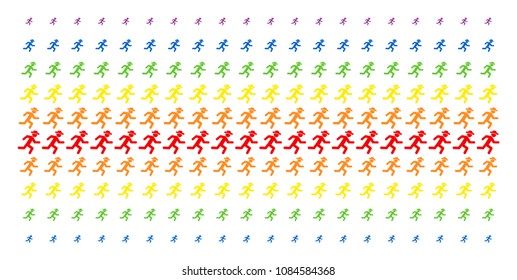Running Gentleman icon rainbow colored halftone pattern. Vector shapes arranged into halftone matrix with vertical rainbow colors gradient. Constructed for backgrounds, covers,