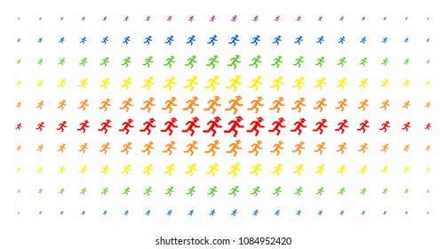 Running gentleman icon rainbow colored halftone pattern. Vector running gentleman items are arranged into halftone matrix with vertical spectrum gradient. Designed for backgrounds, covers,