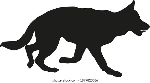 Running german shepherd dog puppy. Black dog silhouette. Isolated on a white background. Vector illustration.