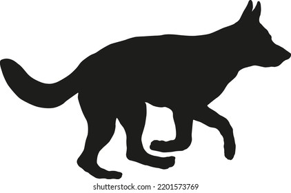 Running german shepherd dog puppy. Black dog silhouette. Pet animals. Isolated on a white background. Vector illustration.