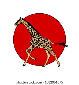 Running giraffe on background with red circle. Vector illustration.