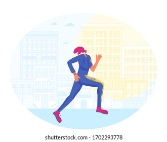 Running girl alone. Young woman in fashionable sportwear jogging on the city. Female urban runner. Sporty person Vector flat color character.