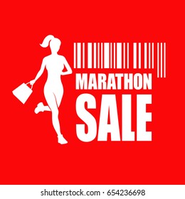 Running girl with bag and barcode. Marathon sales. Vector illustration.
