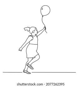 Running girl with balloon. Hand drawn vector illustration. Black and white.