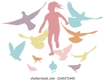 Running girl chases birds pigeons, beautiful colorful silhouette. Carefree childhood. Vector illustration