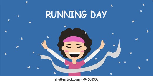 Running girl with confetti and ribbon vector. Girl with curly hair wearing pink color of sport outfit vector. Running day character vector.
