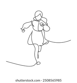 Running girl in continuous line art drawing style. Front view of female child in a dress running fast. Black linear sketch isolated on white background. Vector illustration