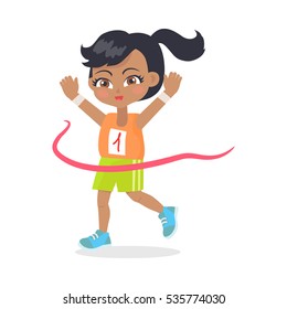 Running girl crosses finish line. Female teenage with ponytail wearing orange t-shirt and green shorts. Black hair. Cartoon design. Illustration of happy female sportsman athlete. Flat design. Vector