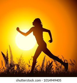 Running girl at dawn. Vector