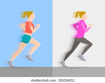 Running girl dressed in seasonal clothes, on blue background and on gray background. Motion effect. Sports and healthy lifestyle concept