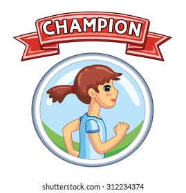 Running girl emblem and a red ribbon banner.