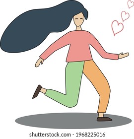 Running girl with flowing hair in flat style