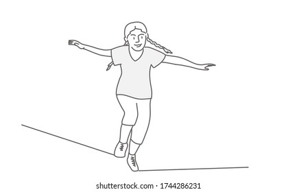 Running girl. Freedom concept. Line drawing vector illustration.