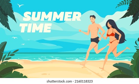 Running Girl And Guy On A Tropical Beach. Summer Time Banner. Vector Illustration.