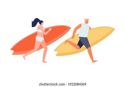 Running girl and guy surfers vector illustration