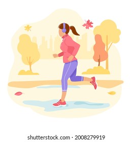 Corriendo. Una chica con audífonos en una broma. Clase de salud en otoño. Ilustración vectorial, aislada.