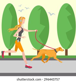 Running girl in headphones with a player and a dog. On the background of trees and birds. It can be used for advertising a healthy lifestyle and the environment. Vector Illustration