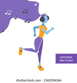 running girl in headphones, vector illustration isolated on white background, eps10