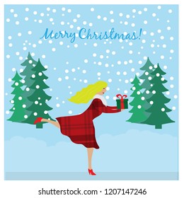 Running girl holding Christmas gift in hands. Christmas concept.