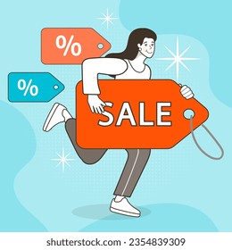 Running girl holding sale sign. online shopping, shopping app, consumer, discount offer concept. Sale Tag. special offer for womens goods commercial banners. Vector illustration.