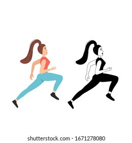 Running girl isolated on a white background. Silhouette of a female sprinter. Runners in motion. Preparing for the marathon. Jogging. Sportswomen in a flat style. Stock vector illustration for design.