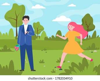 Running girl late for date. Guy waiting for girlfriend outdoors, checking watch flat vector illustration. Time management, relationship concept for banner, website design or landing web page