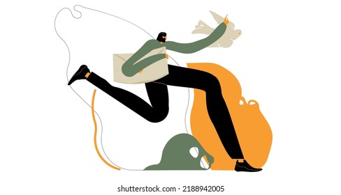 
Running girl with a letter in her hand. Person send, receive, deliver paper letters, emails, messages.  