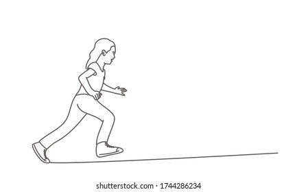 Running girl. Line drawing vector illustration.